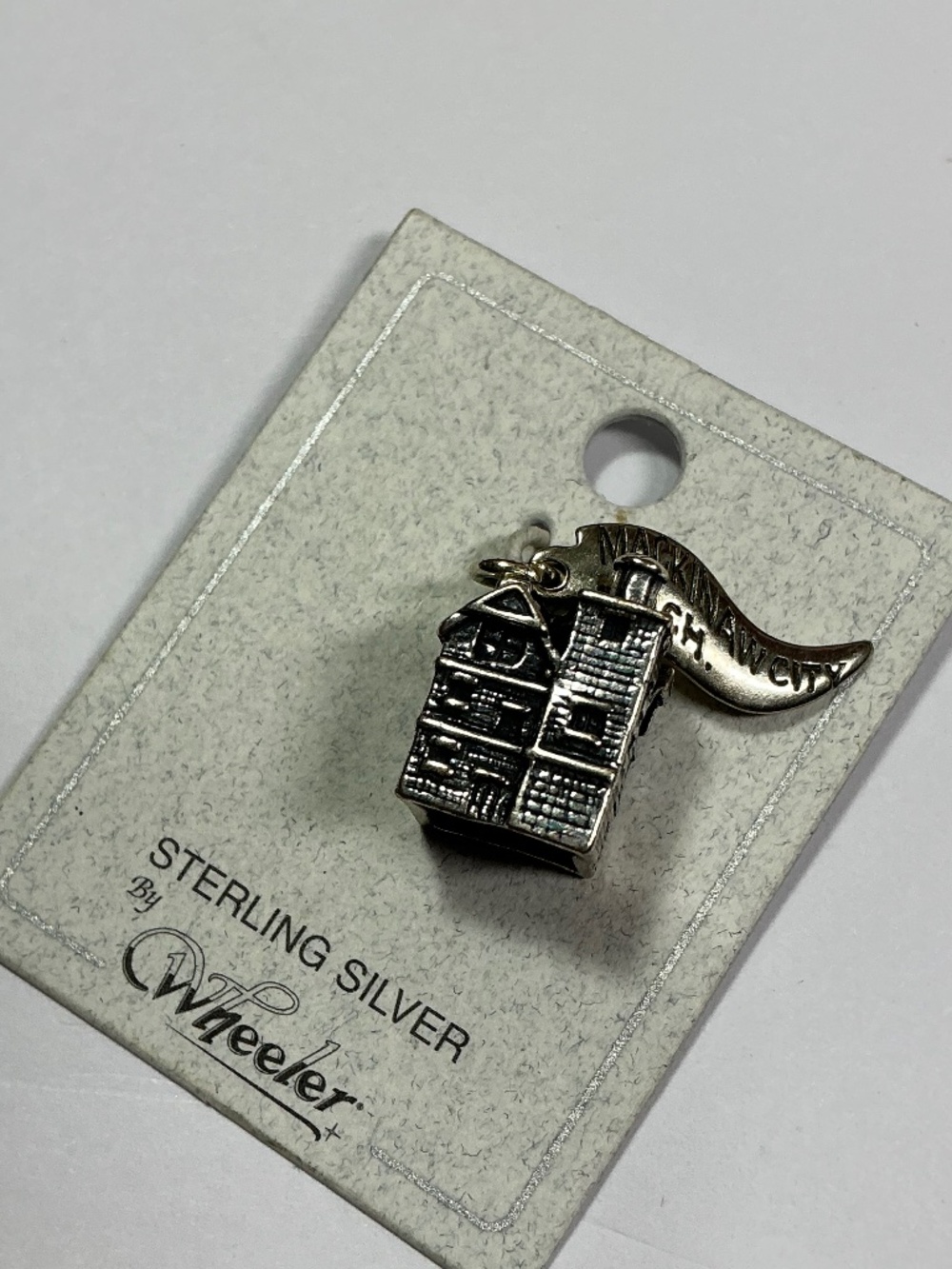 Vintage Sterling Silver MACKINAW MICH Banner & Houses Charm. 3/4” long